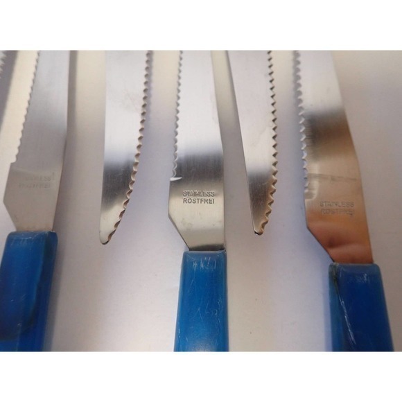 Vintage Rostfrei Blue plastic Lucite‎ maybe Handle  9 Steak Knives - Picture 3 of 9